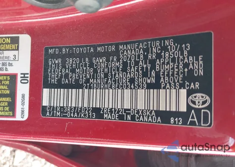 2014 Toyota Corolla S Plus from USA, damaged, VIN 2T1BURHE8EC034539